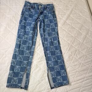 Pacsun‎ Jeans Womens 23 Blue Low Rise Straight Butterfly Print Denim Split Hem